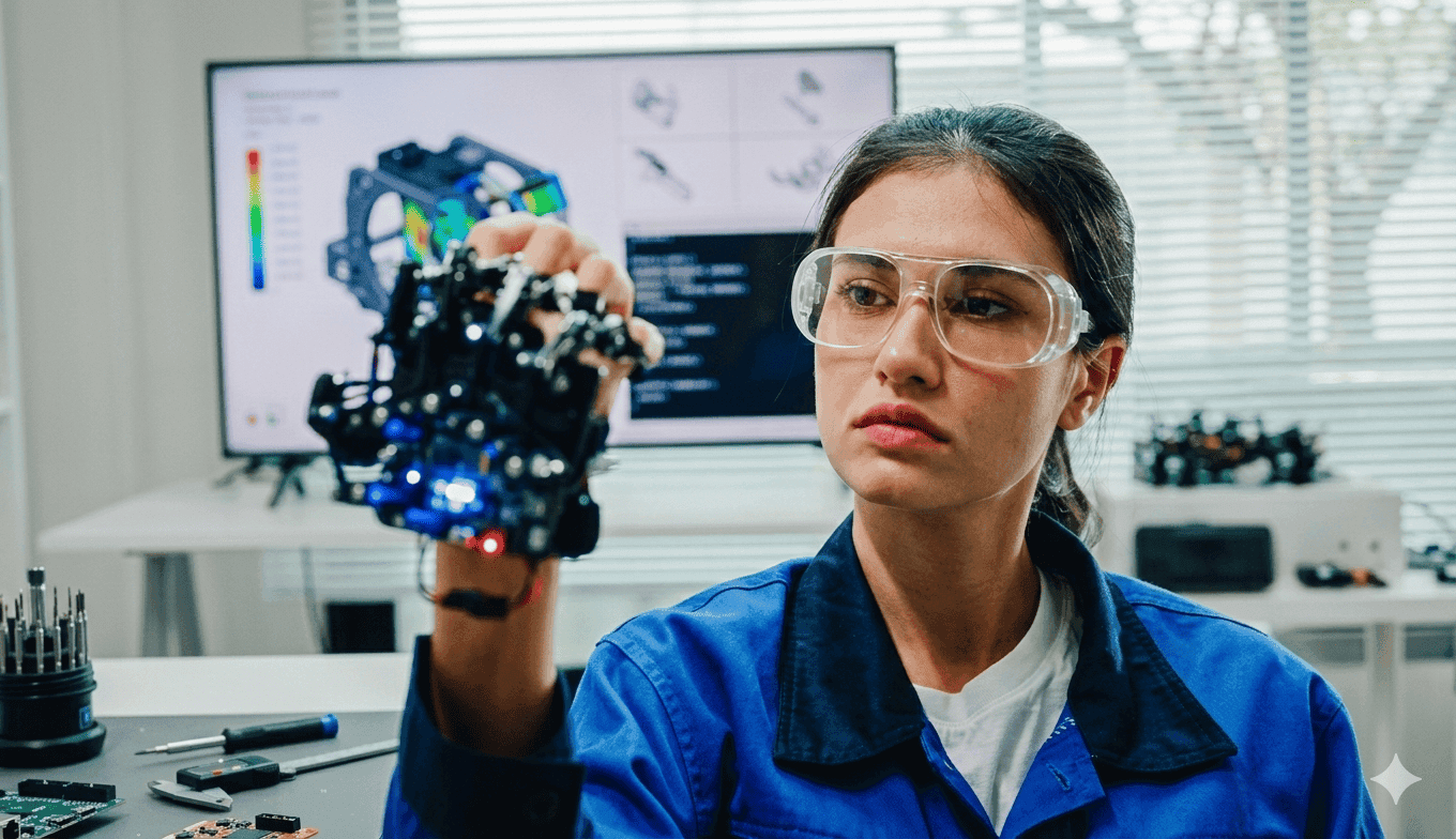 Engineer examining robotic hand in lab